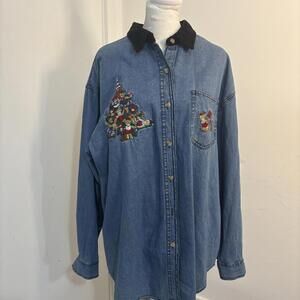 Solutions Denim Button‎ Down Shirt XLarge Embroidered Christmas Velvet Collar
